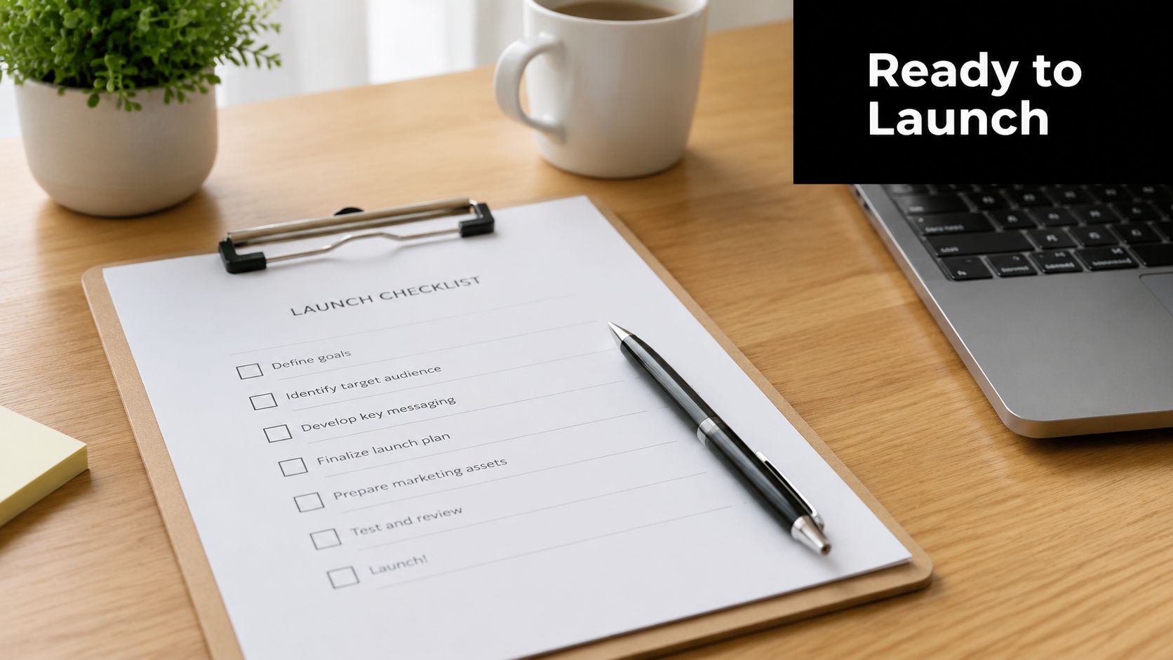 A clipboard with a launch checklist next to a coffee mug and a laptop on a wooden desk.