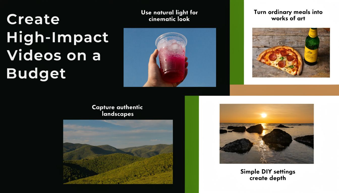 A guide on how to create high-impact videos on a budget with visual examples of photography tips.