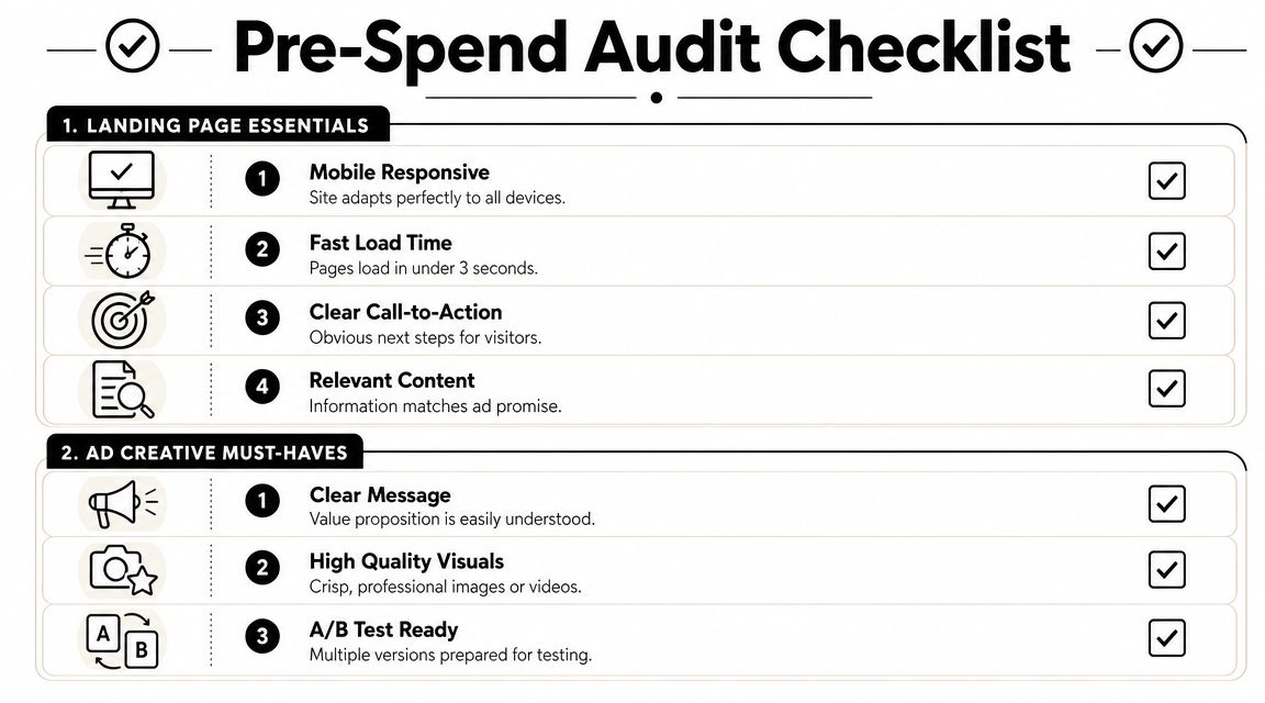 A checklist infographic titled Pre-Spend Audit Checklist for optimizing landing pages and ad creative before spending.