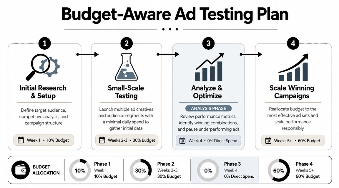 A four-phase budget-aware ad testing plan chart illustrating the strategy for advertising a new product successfully.