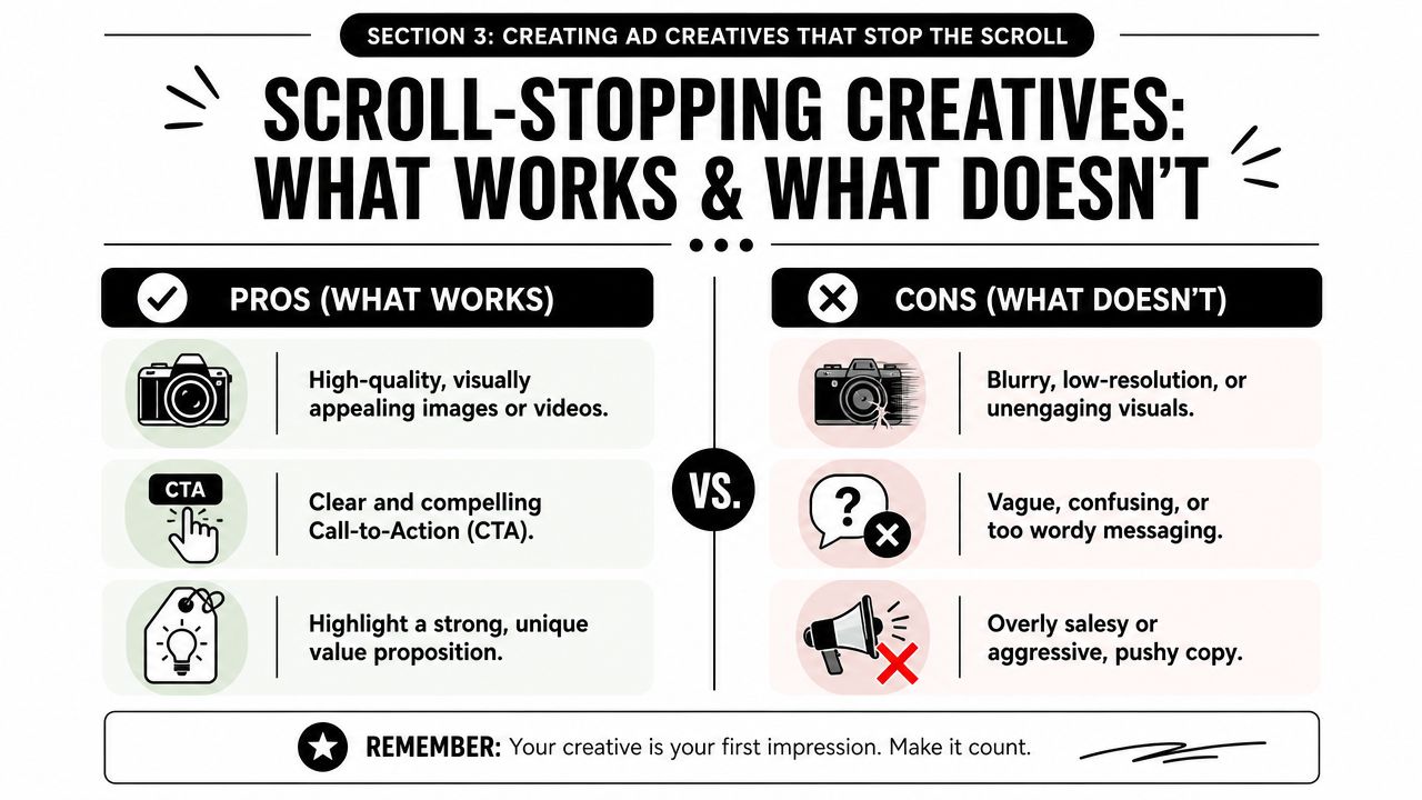 A comparison infographic showing best practices and common mistakes for creating engaging ad creatives for social media.