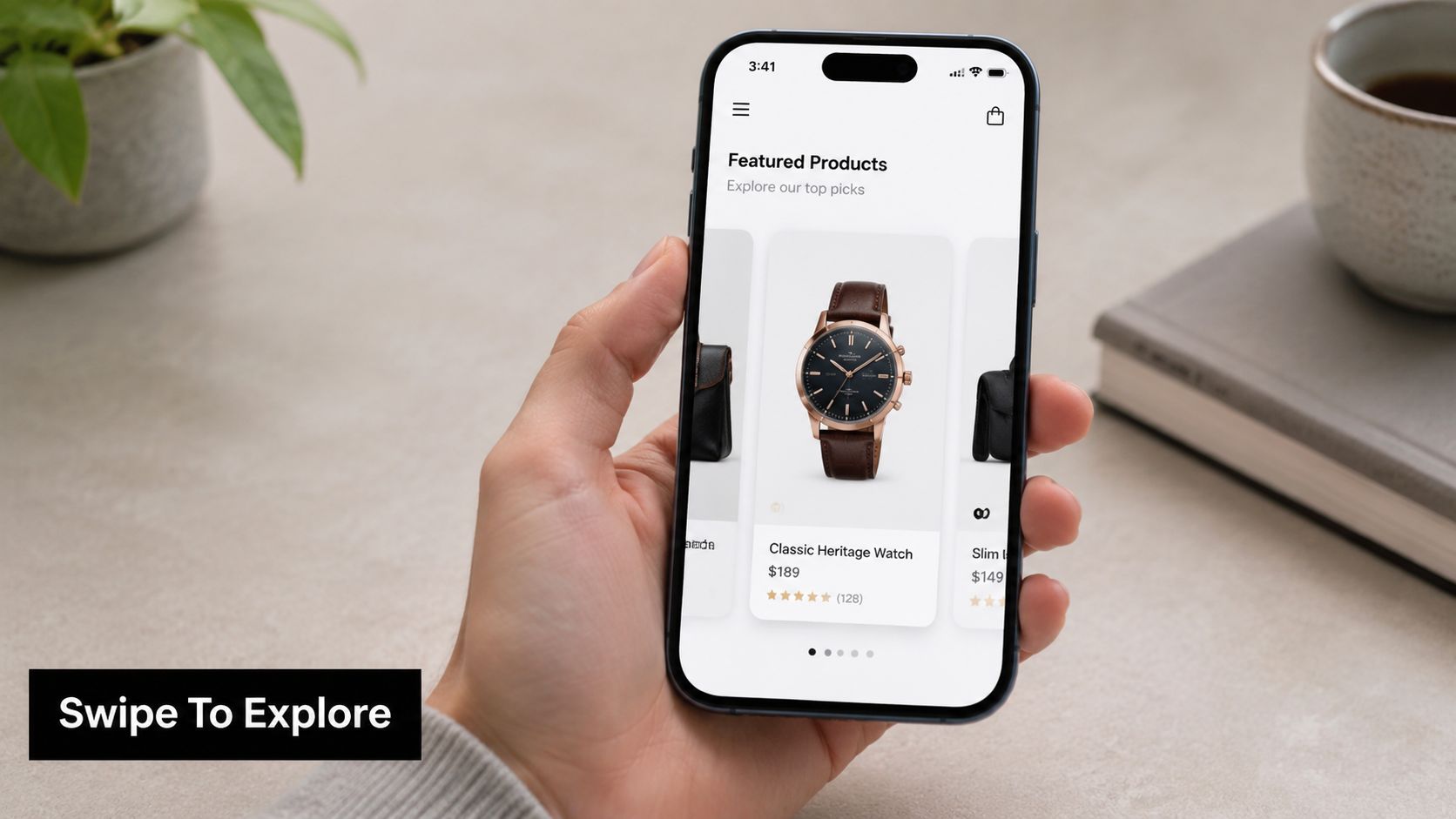 A hand holding a smartphone displaying a mobile e-commerce interface featuring watches for sale.