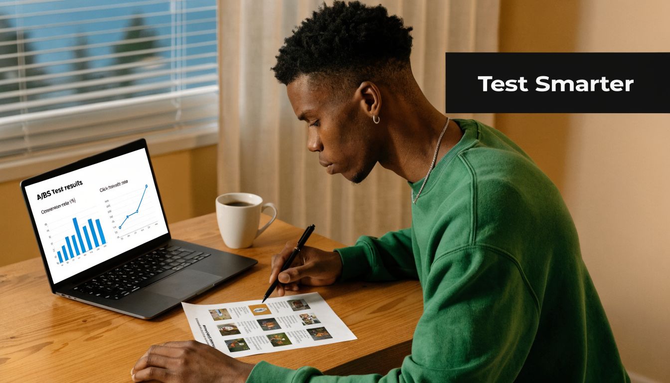A young man sitting at a desk studying A/B testing data on his laptop and paper documents.
