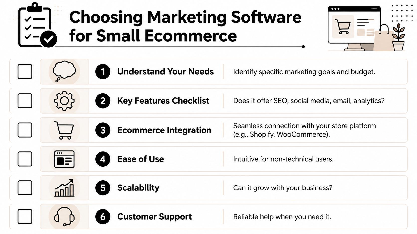 A checklist for choosing marketing software for small ecommerce, featuring six essential evaluation criteria and icons.