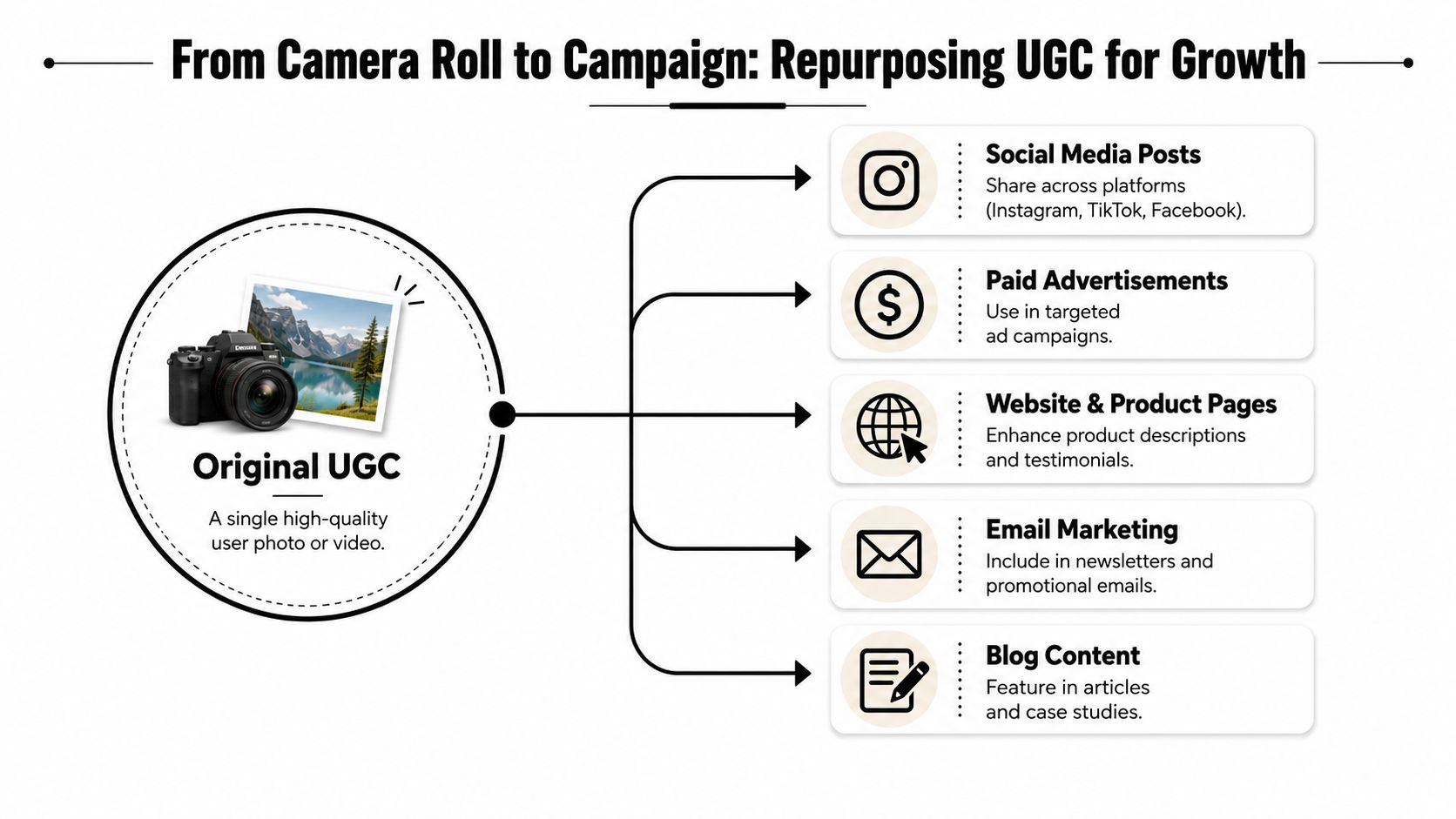 A diagram illustrating how a single piece of user generated content can be repurposed across five marketing channels.