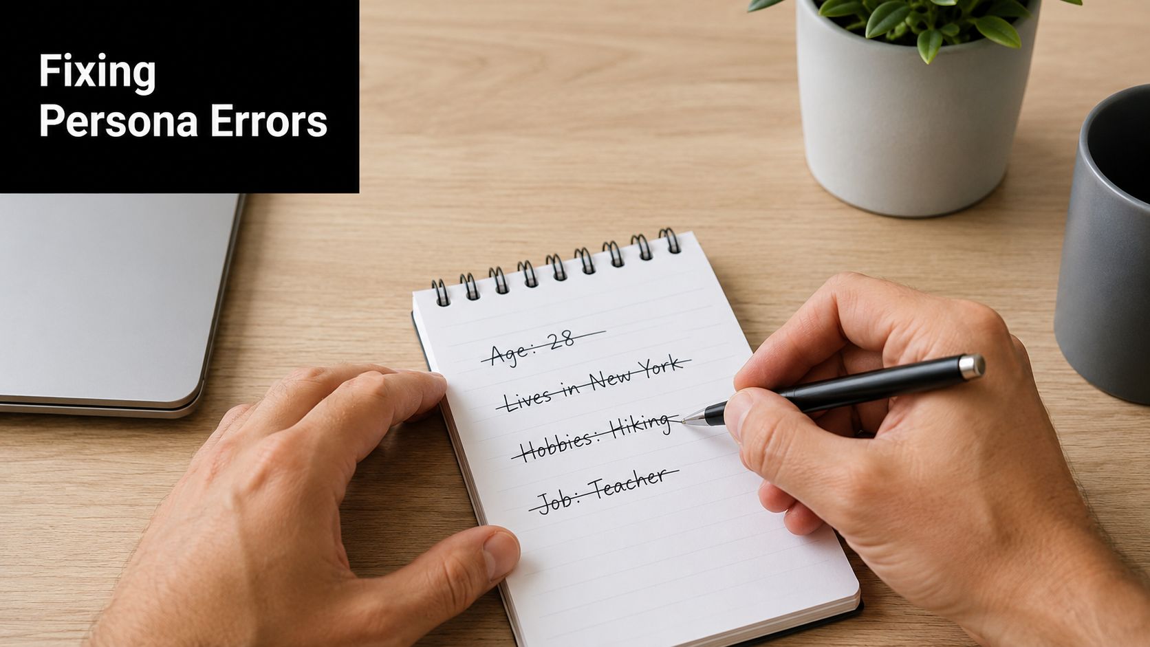 A person crossing out personal information on a notebook page labeled with Fixing Persona Errors.