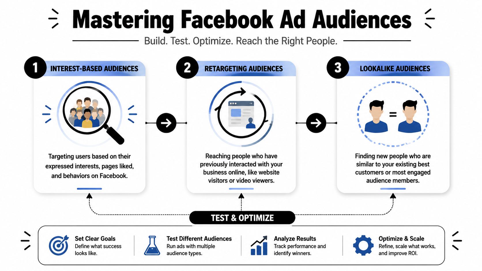 A diagram explaining three types of Facebook ad audiences: interest-based, retargeting, and lookalike audiences.