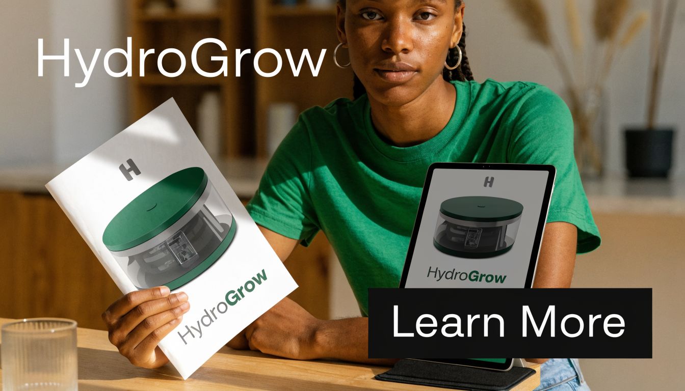 A woman in a green shirt holding a HydroGrow booklet next to a tablet showing a Learn More button.