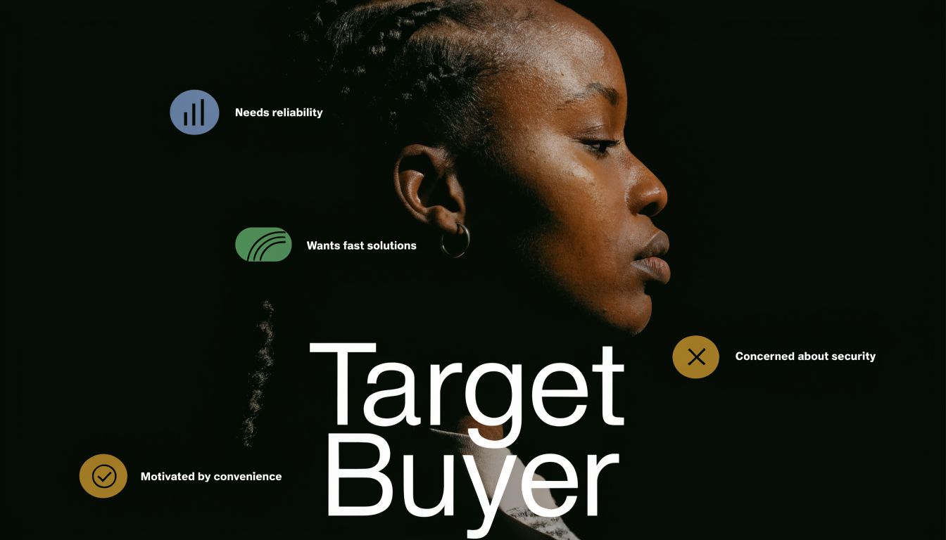 A close-up portrait of a woman against a dark background with text highlighting target buyer traits.