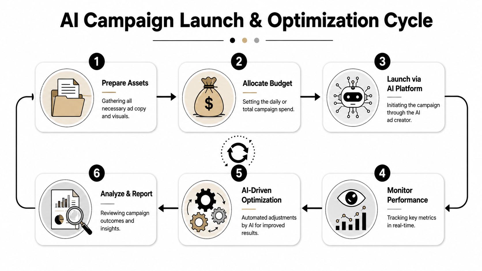 A diagram illustrating the six-step cycle for launching and optimizing advertising campaigns using AI technology.