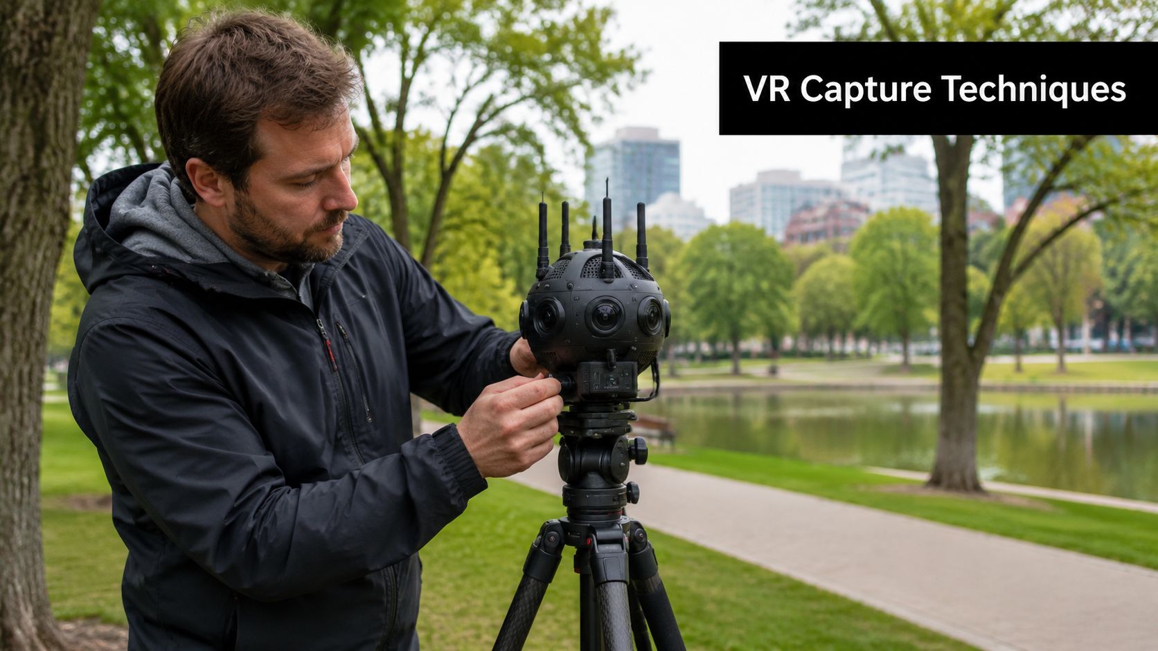 A professional videographer adjusting a multi-lens 360-degree VR camera mounted on a tripod in a park.