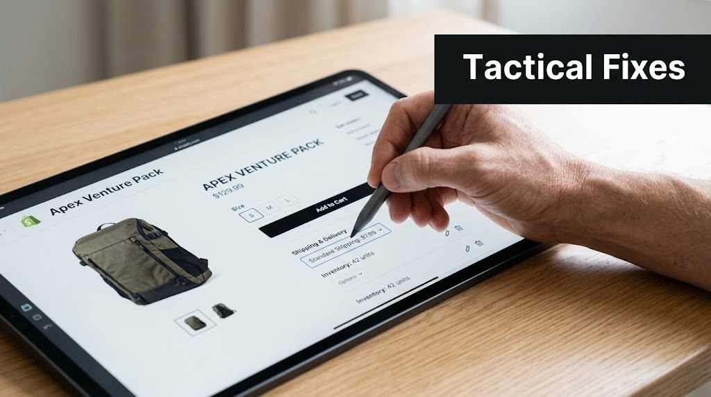 A close-up of a hand using a digital pen on a tablet showing an e-commerce product page.
