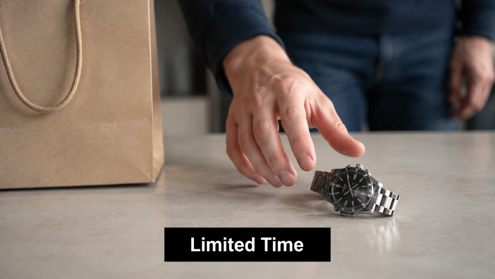 A person reaching for a wristwatch next to a shopping bag, symbolizing limited time marketing.
