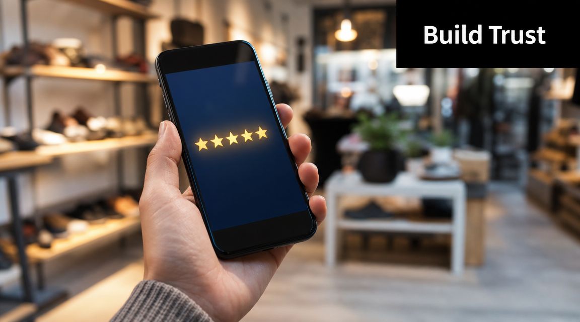A hand holding a smartphone showing a five-star rating screen in a blurry store environment.