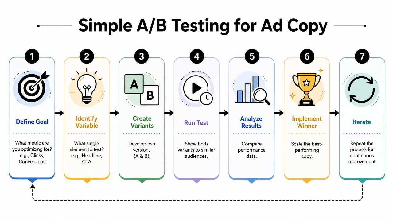 A seven-step flowchart illustrating a simple A/B testing process for improving digital advertising copy effectively.