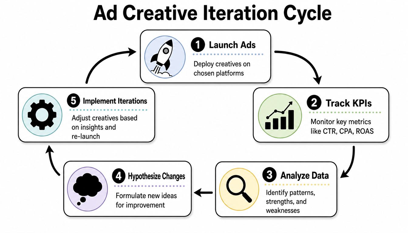 A five-step diagram illustrating the ad creative iteration cycle for digital marketing performance improvement.