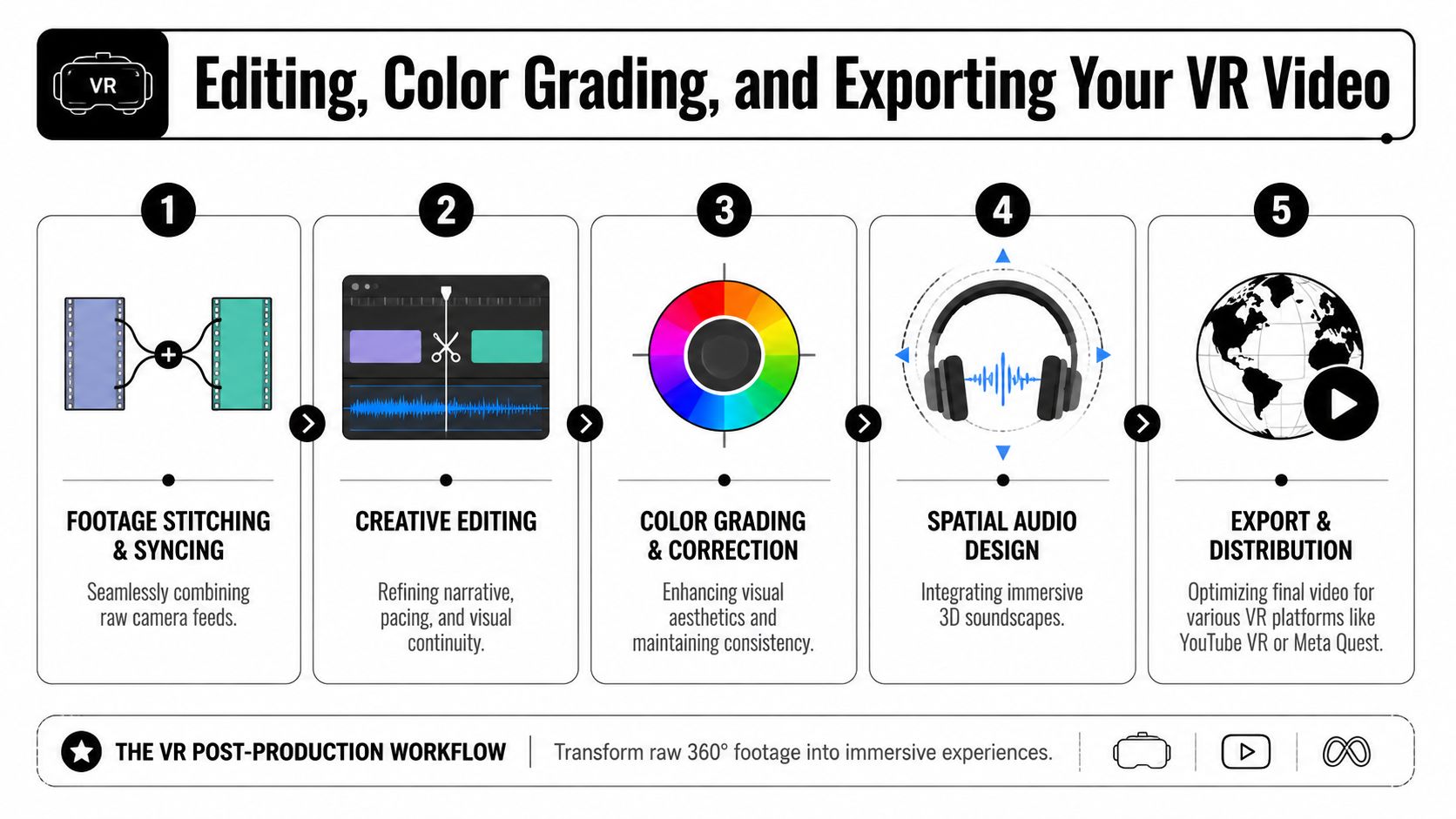 A five-step infographic showing the post-production workflow for editing, color grading, and exporting 360-degree VR video content.