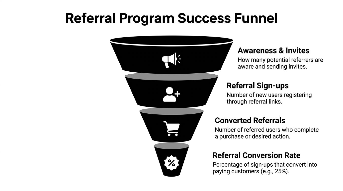 A funnel diagram illustrating the four key stages of a successful referral marketing program strategy.