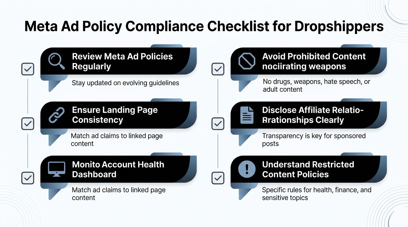 A checklist infographic outlining essential Meta ad policy compliance tips for successful e-commerce dropshipping business owners.