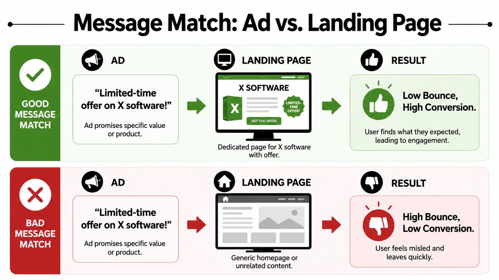An infographic showing the difference between good and bad message match between ads and landing pages.