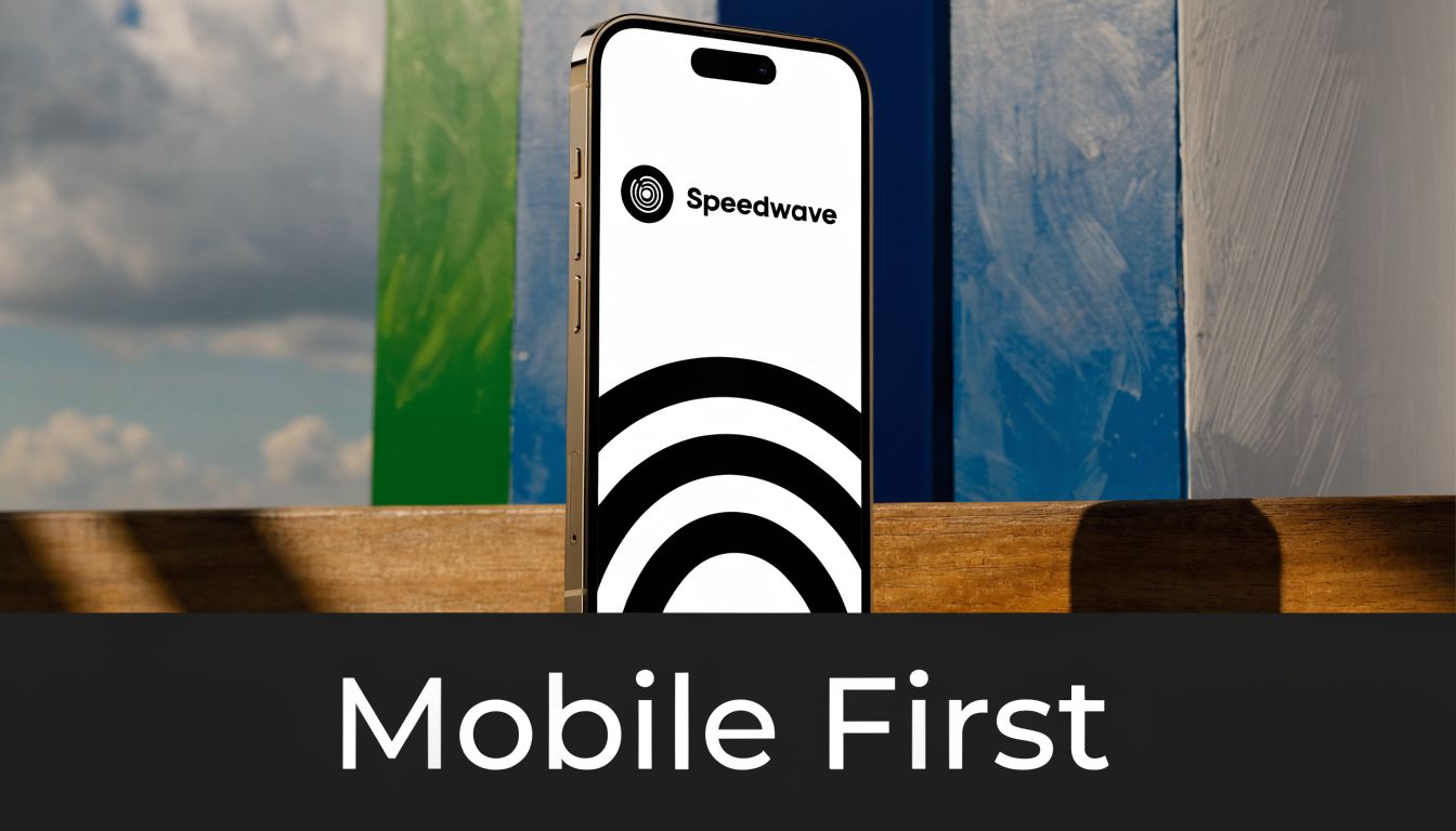 A smartphone showcasing the Speedwave brand logo and design, emphasizing a mobile-first web development approach.