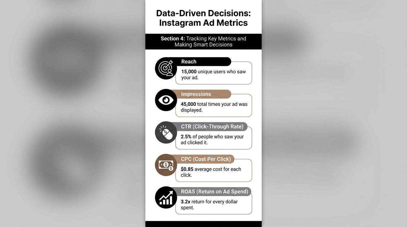 A data-driven infographic explaining key Instagram advertising metrics like reach, impressions, CTR, CPC, and ROAS.