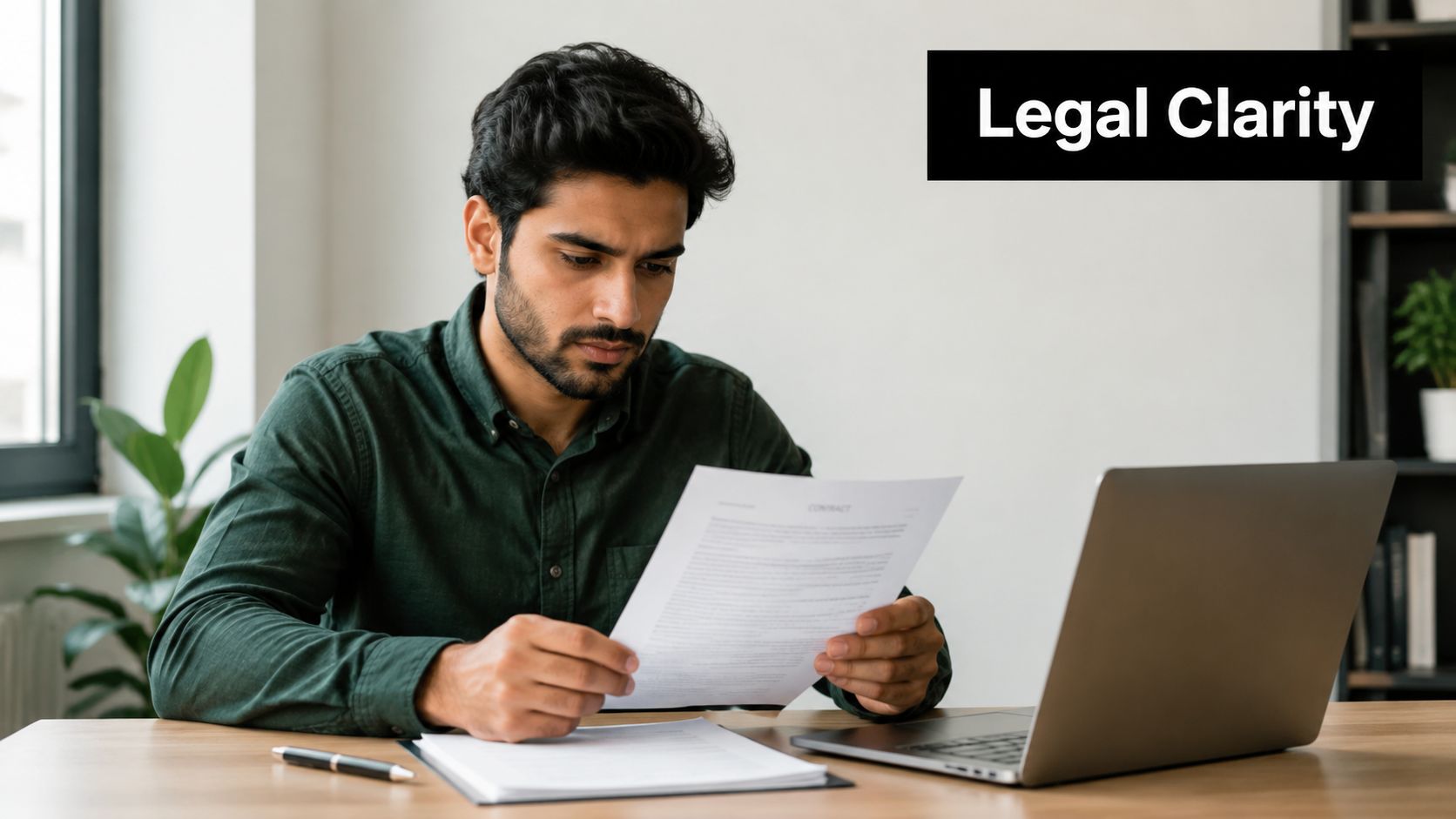 A professional man in a green shirt carefully reviewing a legal contract at his office desk.