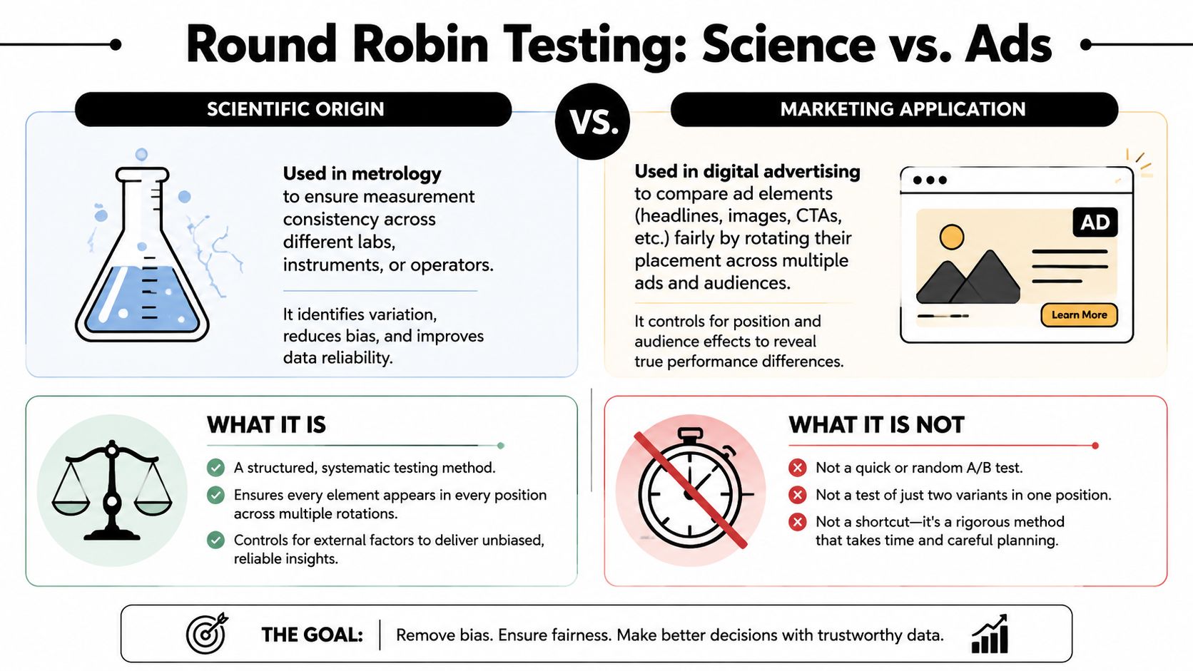 An infographic comparing the scientific origins and marketing applications of round robin testing for data analysis.