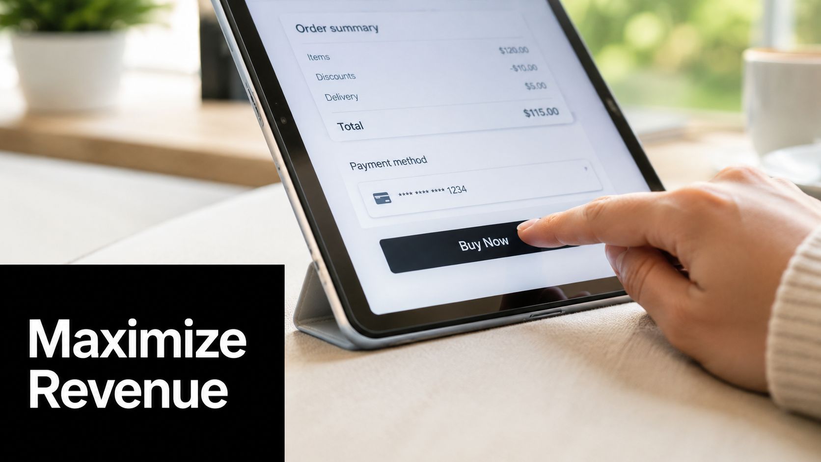 A person pressing a Buy Now button on a tablet to finalize an online shopping order summary.