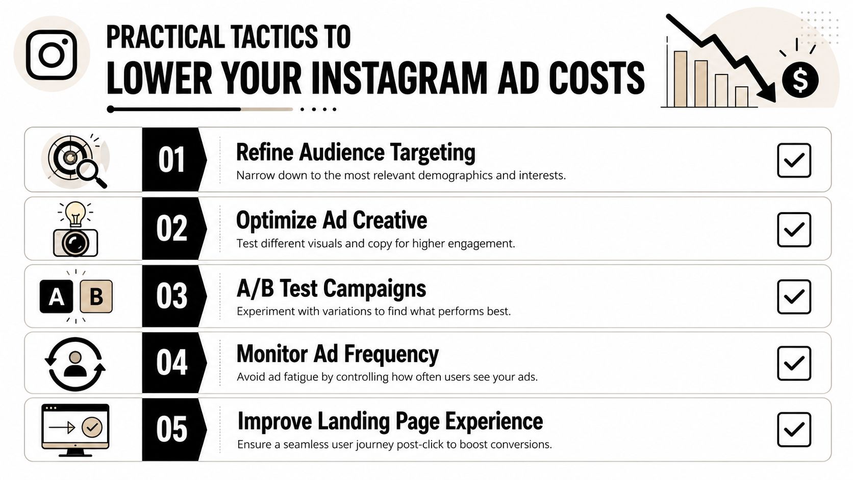 A five-point infographic detailing practical strategies to reduce Instagram advertising costs through targeted and optimized marketing techniques.