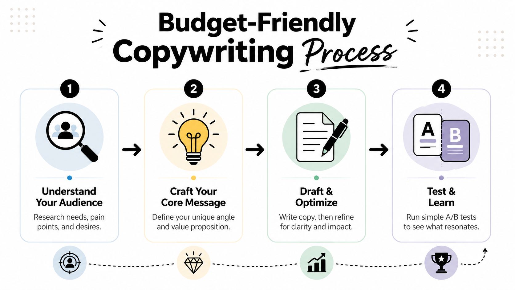 A flowchart infographic titled Budget-Friendly Copywriting Process showing four steps: understand, craft, draft, and test.