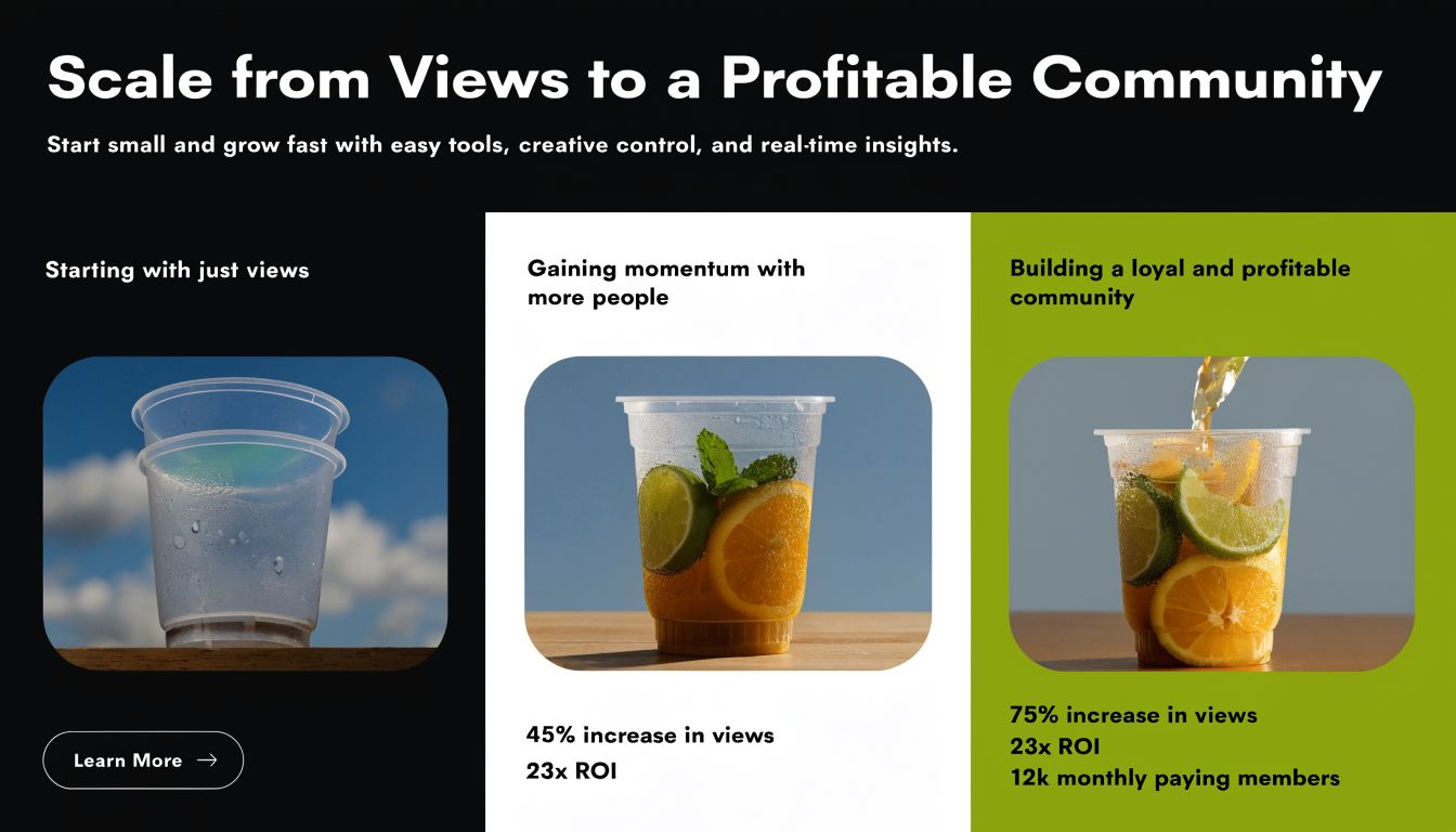 A visual representation showing the growth from empty cups to a full, profitable community, illustrating business scaling.