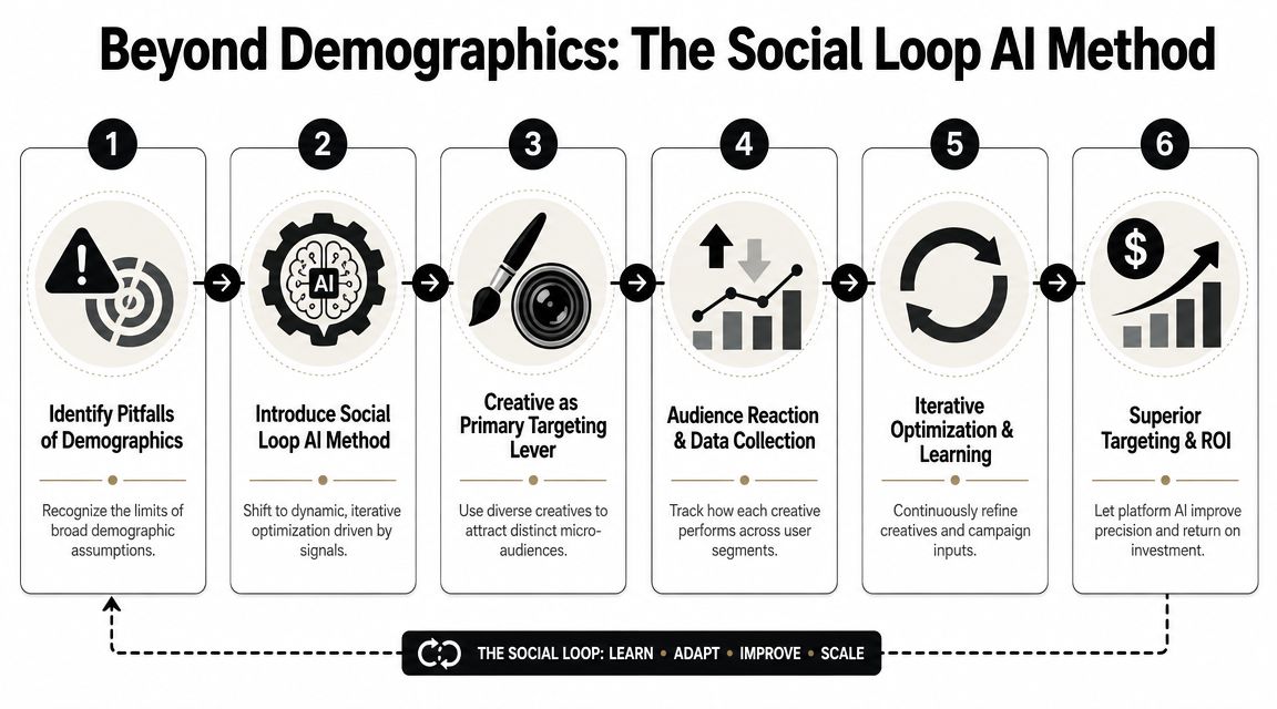 A six-step infographic explaining the Social Loop AI method for targeting audiences beyond traditional demographics.