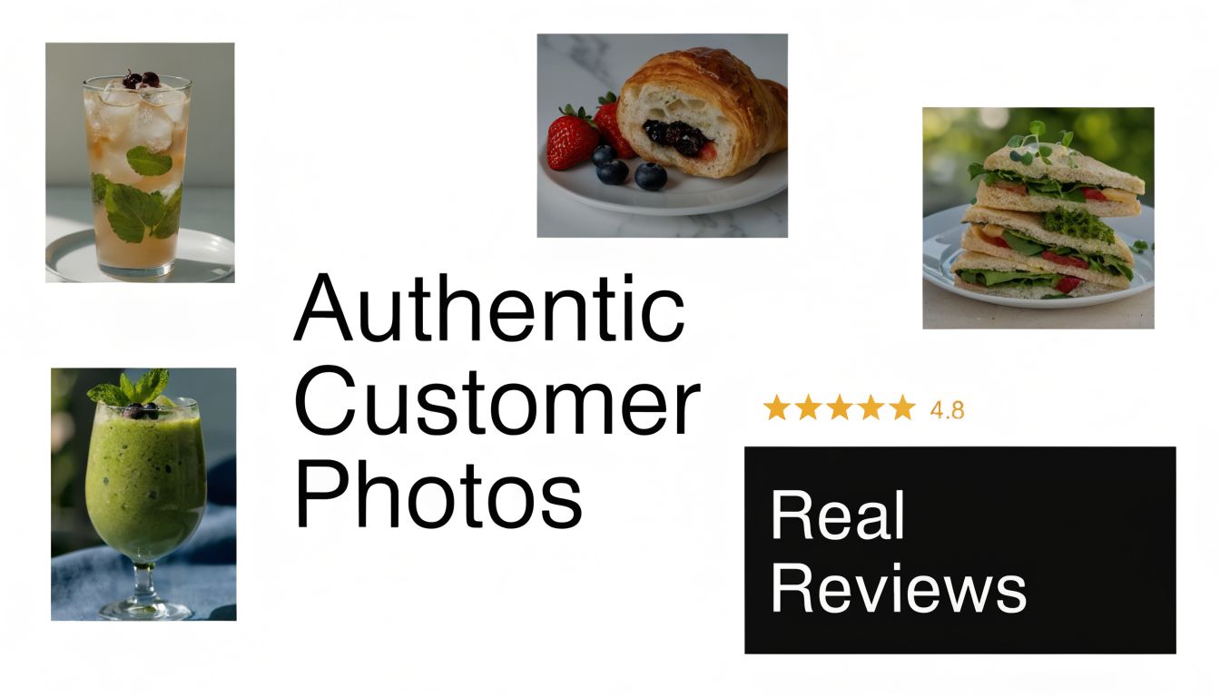 A collage showing authentic customer photos of refreshing drinks, a berry croissant, and a fresh vegetable sandwich.