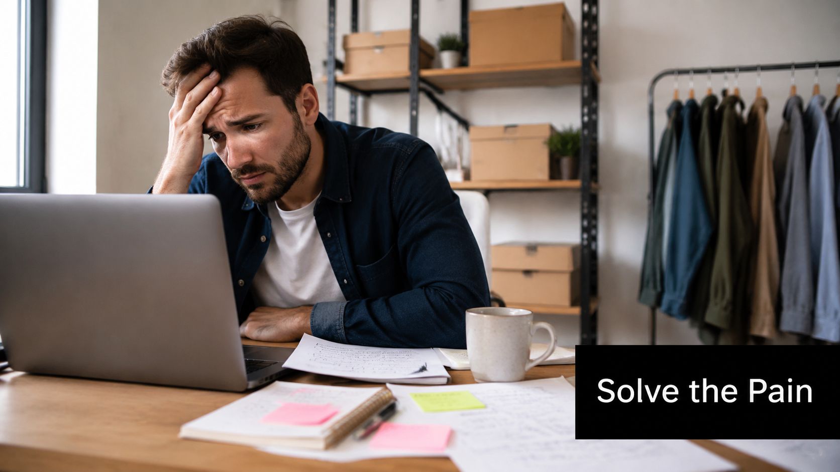A stressed man sitting at a desk looking at a laptop while reviewing business documents and notes.