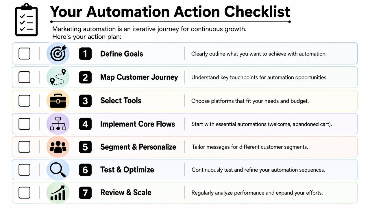 A marketing automation checklist detailing seven essential steps for business growth, from goal setting to scaling.