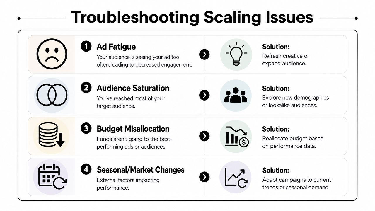 A diagram outlining common scaling issues in digital advertising such as ad fatigue and budget misallocation.