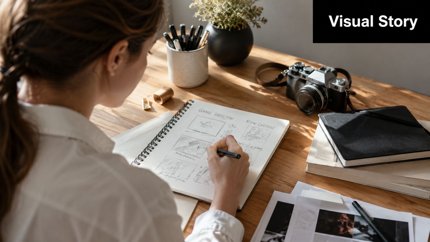 A woman sketching storyboards for a project at a wooden desk with a camera and notebook nearby.
