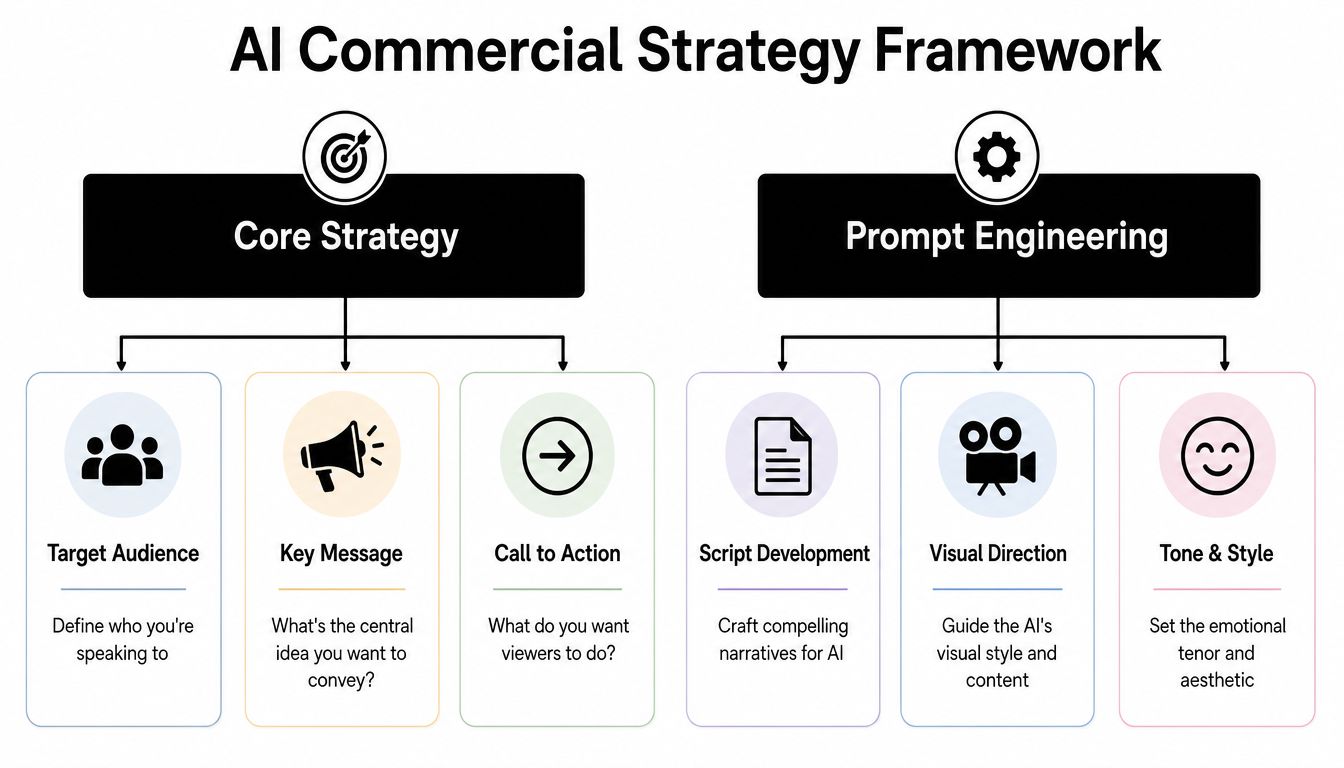 A diagram outlining the AI Commercial Strategy Framework divided into Core Strategy and Prompt Engineering sections.