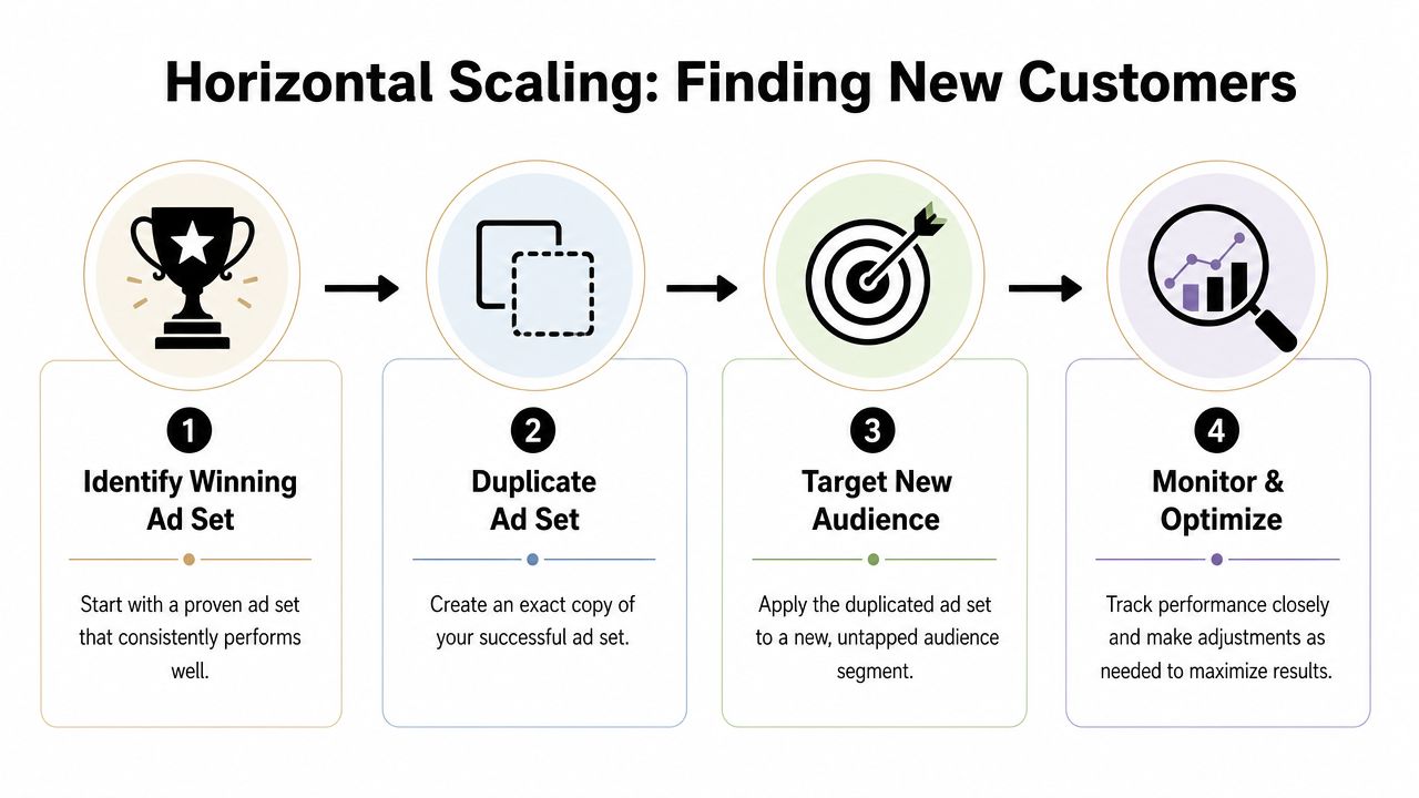 A four-step infographic illustrating the process of horizontal scaling for finding new customers with Facebook ads.