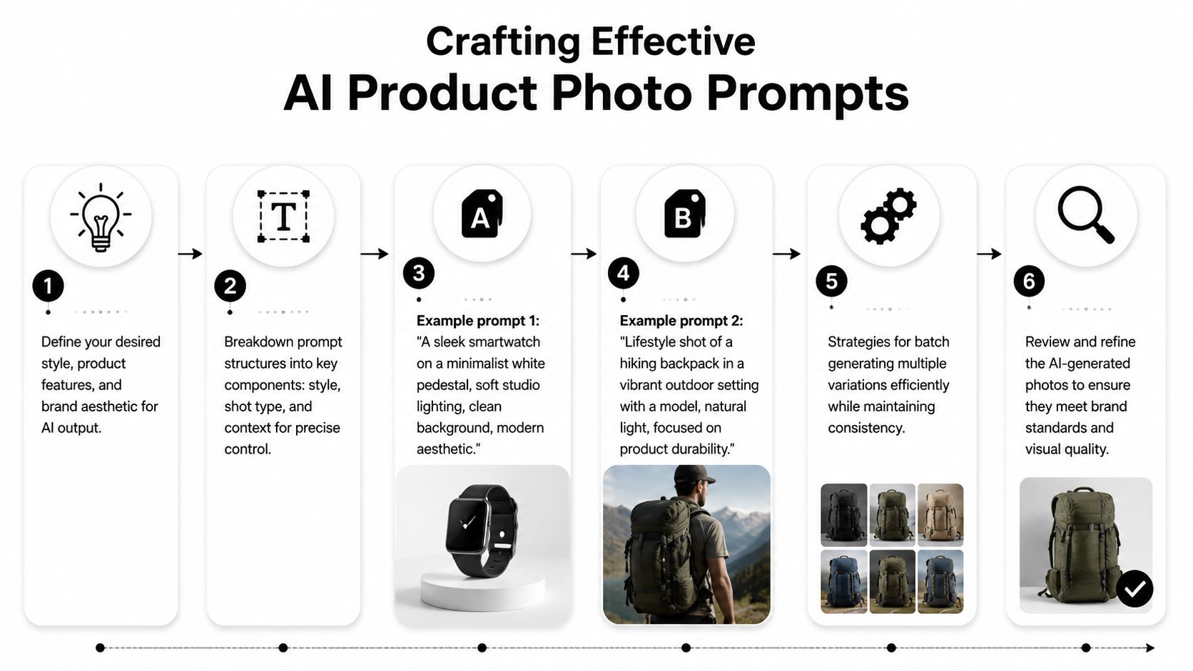 A six-step infographic guide explaining how to craft effective AI product photo prompts for businesses.