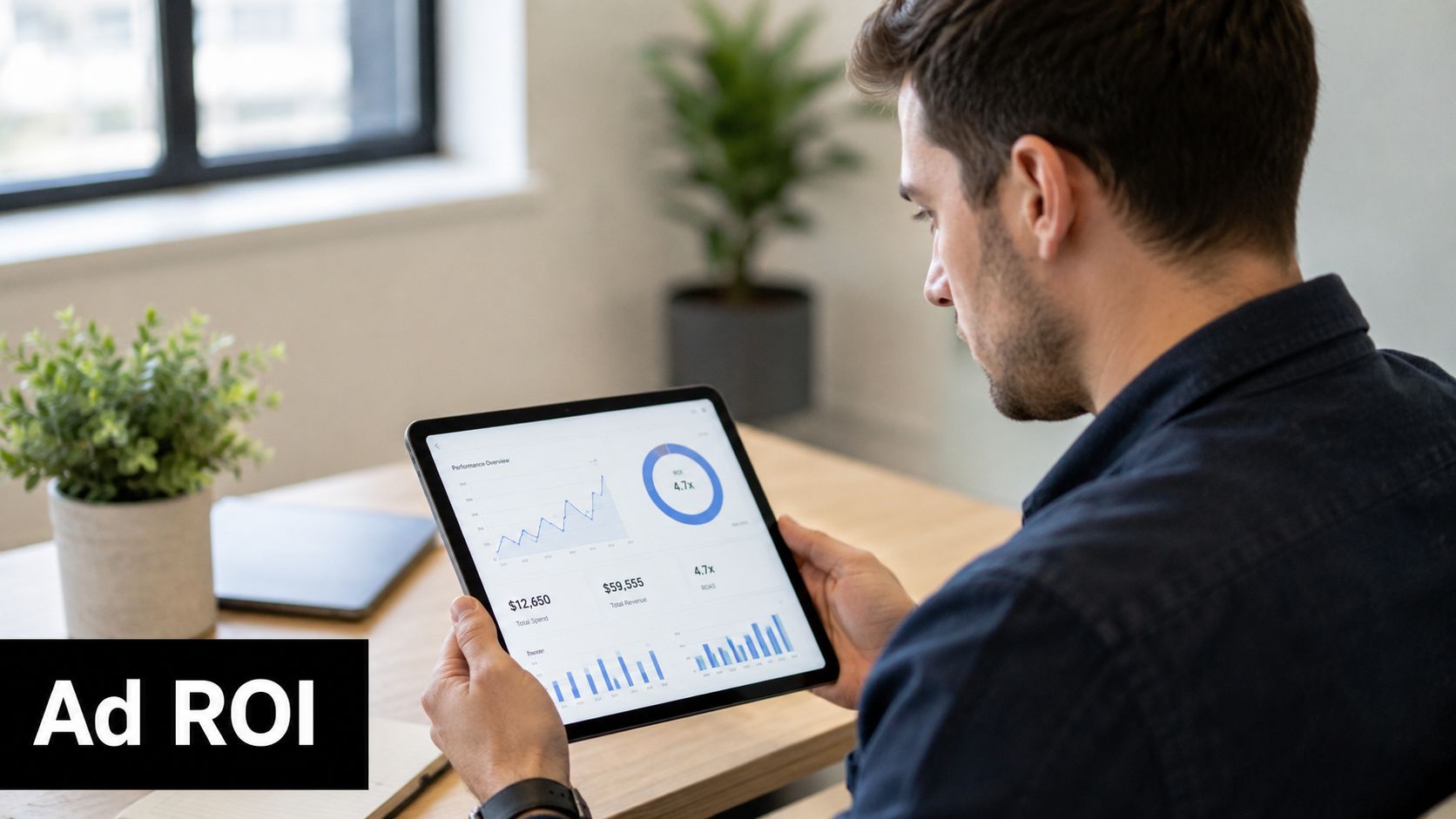 A professional man holding a tablet reviewing ad performance metrics and return on ad spend data.