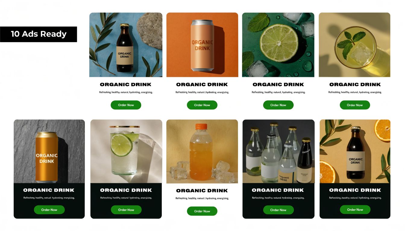 A collection of ten diverse organic beverage advertisements displayed in a grid layout with green call-to-action buttons.