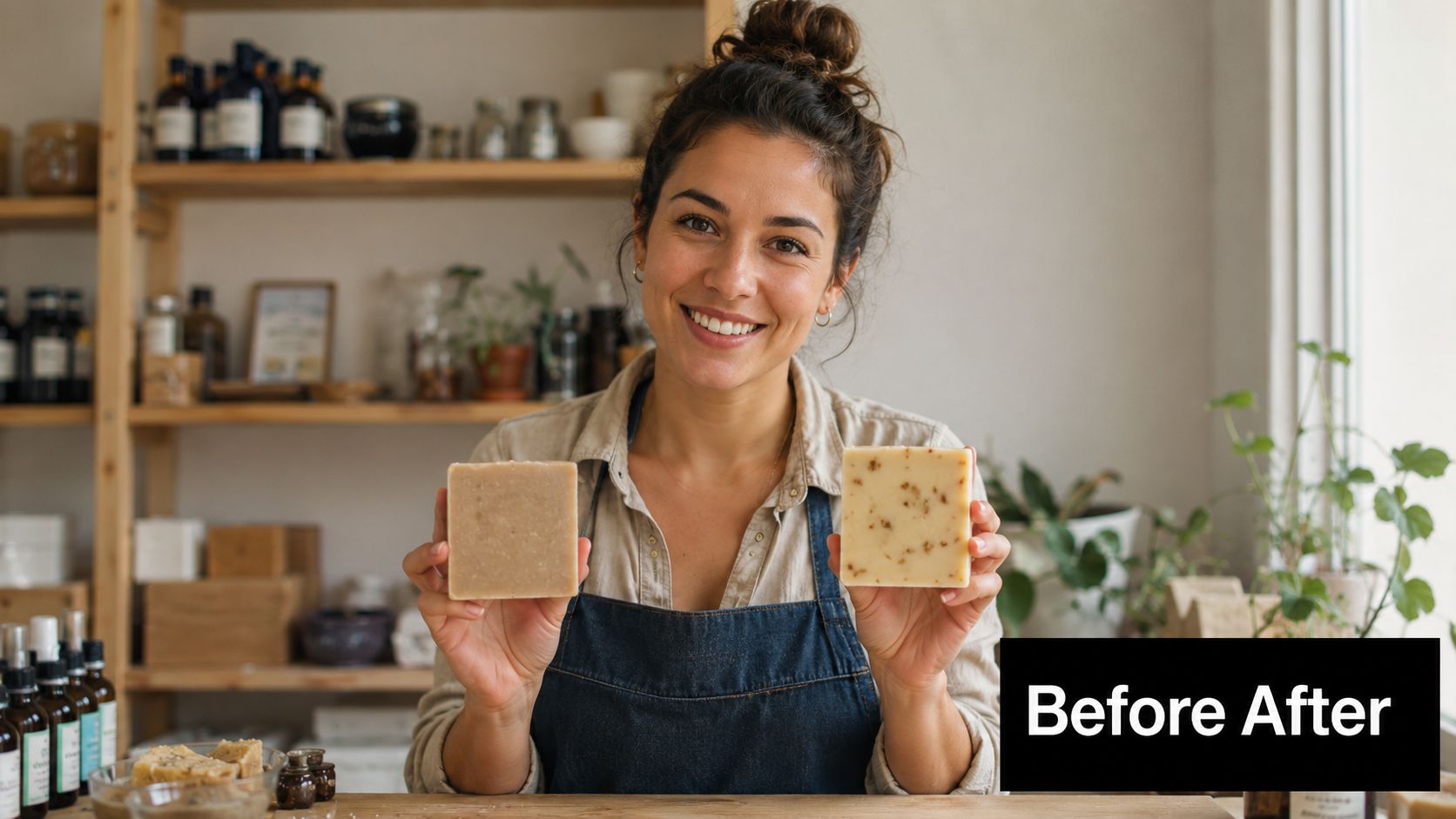 A smiling artisan in an apron holding two different handmade soap bars in a bright workshop.