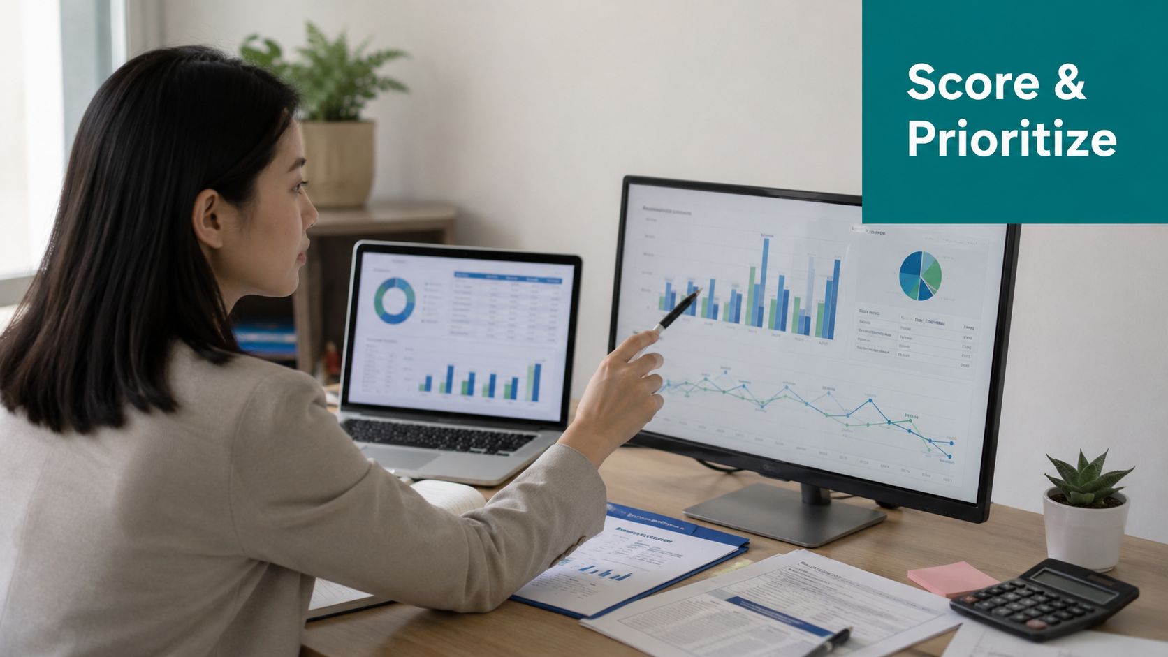 A professional woman at a desk analyzing data charts on multiple computer screens for business strategy.