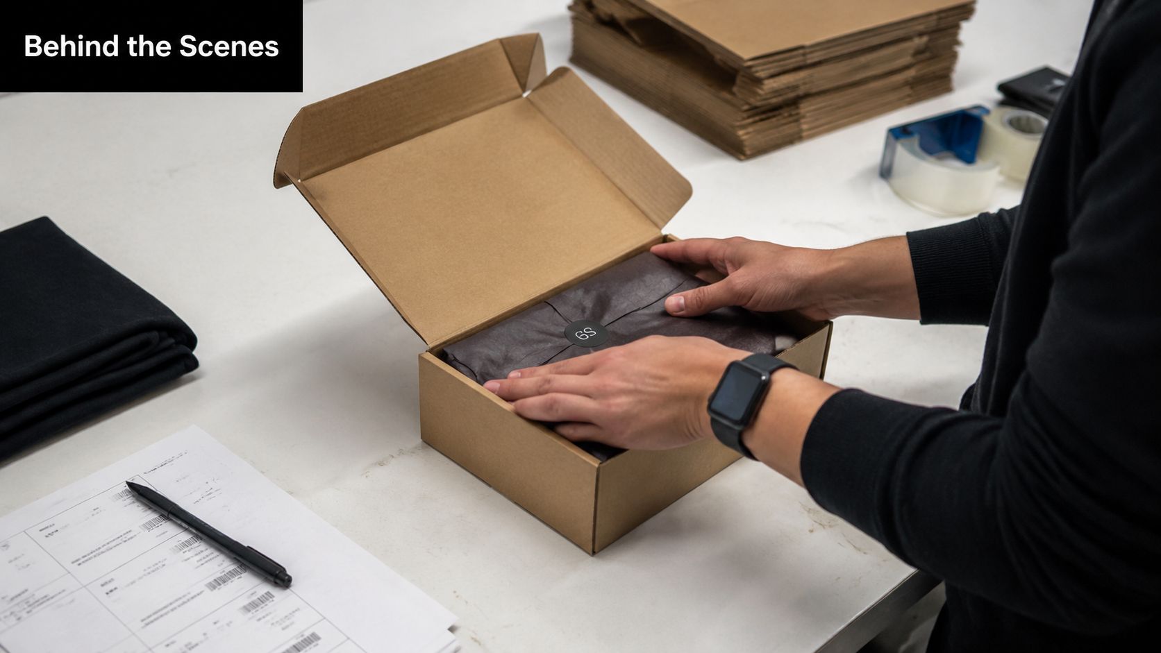 A person preparing a package by carefully placing branded tissue paper inside a small cardboard box.