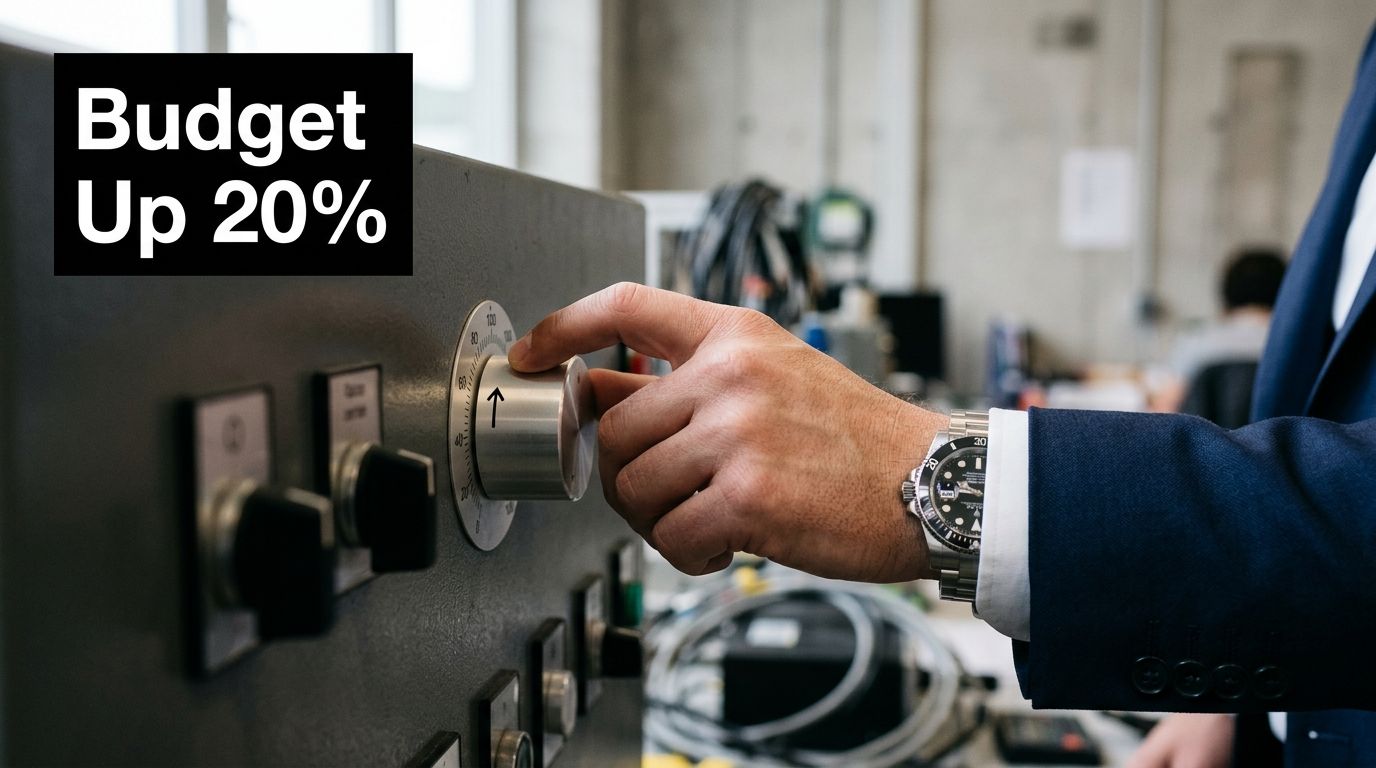 A businessman in a suit adjusting a industrial control knob, symbolizing business growth and budget scaling.