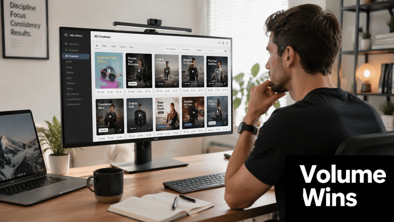 A marketing professional analyzes ad creative performance data on a large monitor in a modern home office.