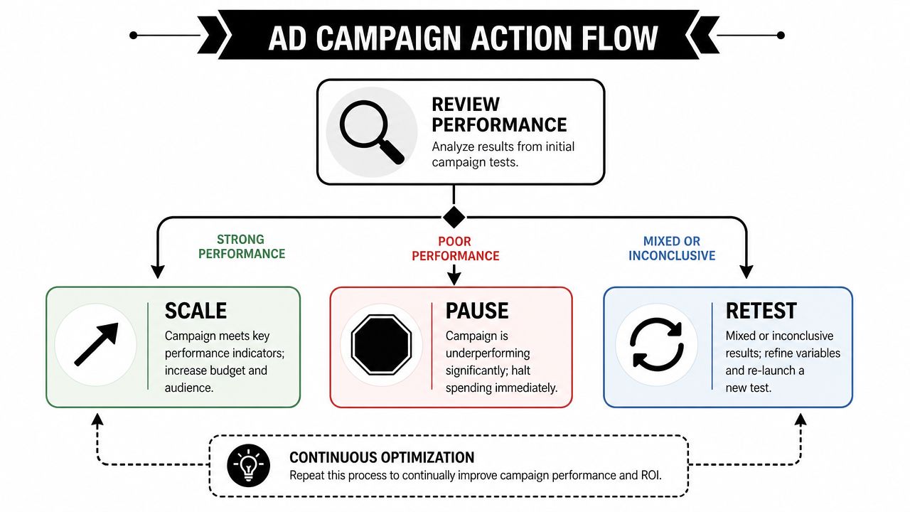 Flowchart diagram illustrating the process for managing ad campaign performance through review, scaling, pausing, or retesting strategies.
