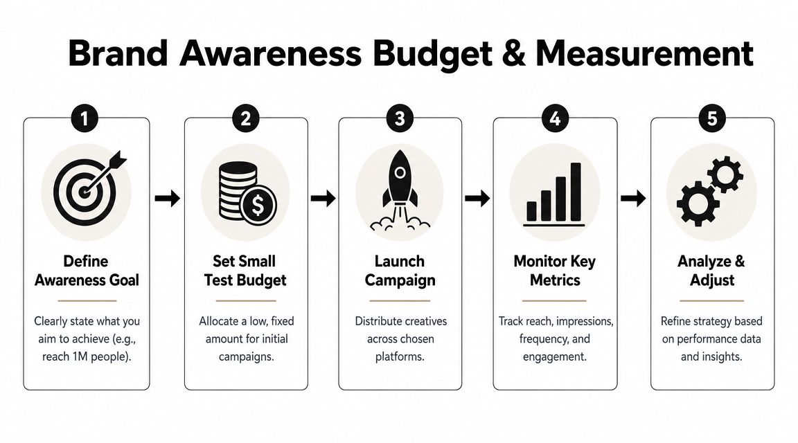 A five-step flowchart illustrating a process for managing brand awareness campaign budgets and performance measurement.